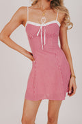 red gingham mini dress with lace trim