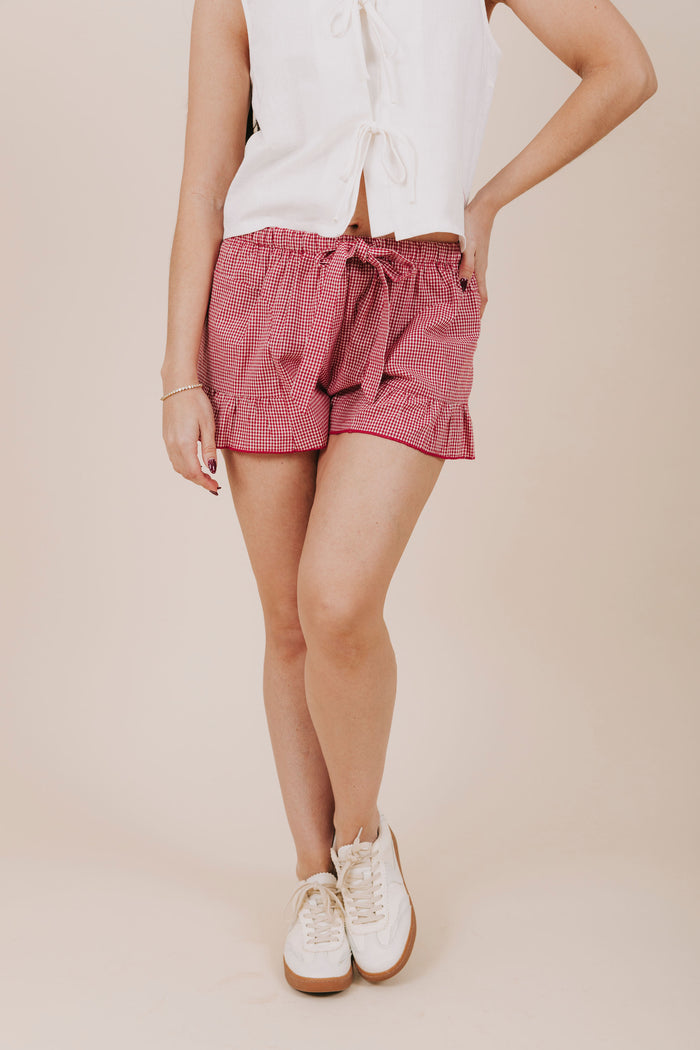 red gingham ruffle shorts front