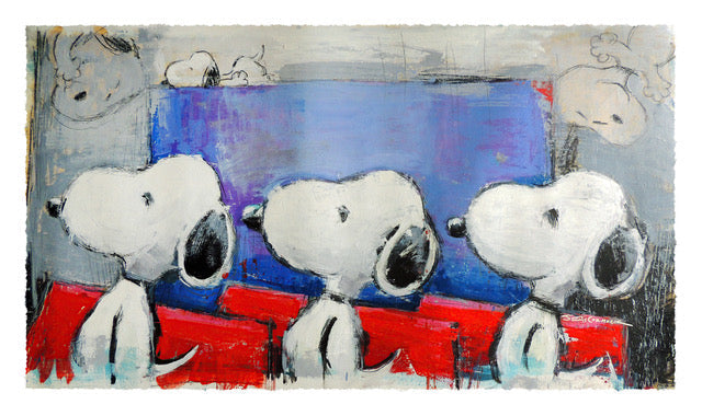 A colorful artistic depiction of Snoopy from Peanuts in various poses