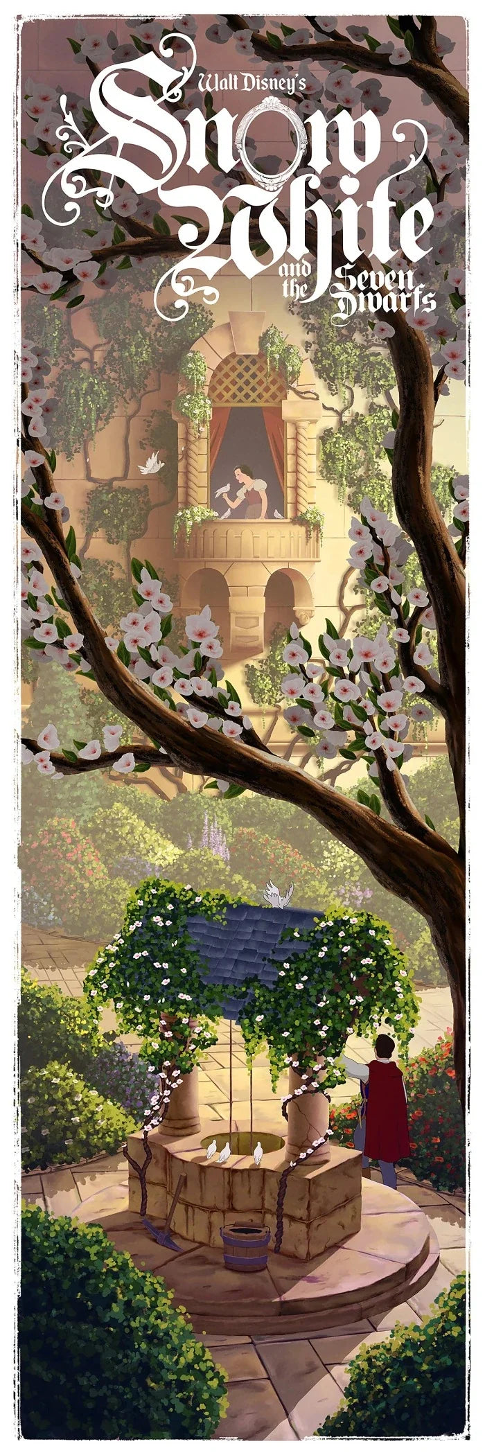 Artwork titled 'Snow White and the Seven Dwarfs' featuring an illustration of Snow White on a balcony with birds flying around, with the prince by a wishing well beneath a blossom tree.