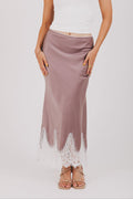 purple satin skirt with lace hem