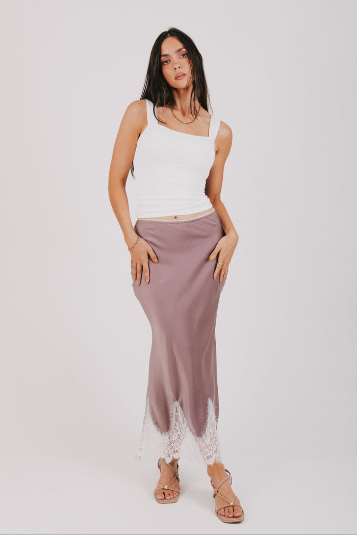 purple satin skirt with lace hem front