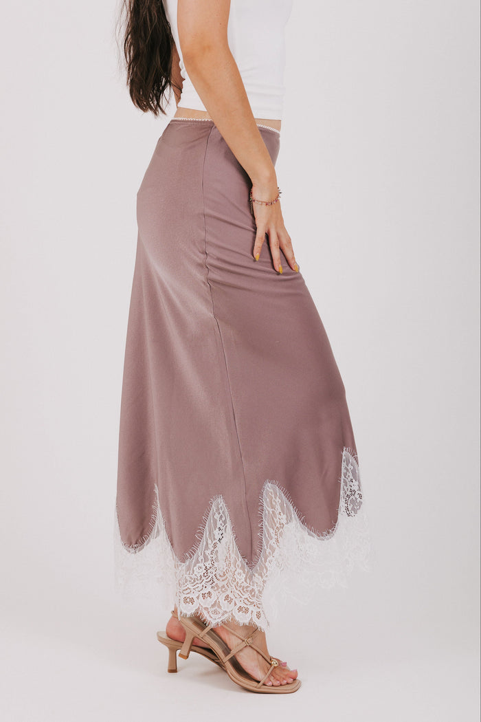 purple satin skirt with lace hem side