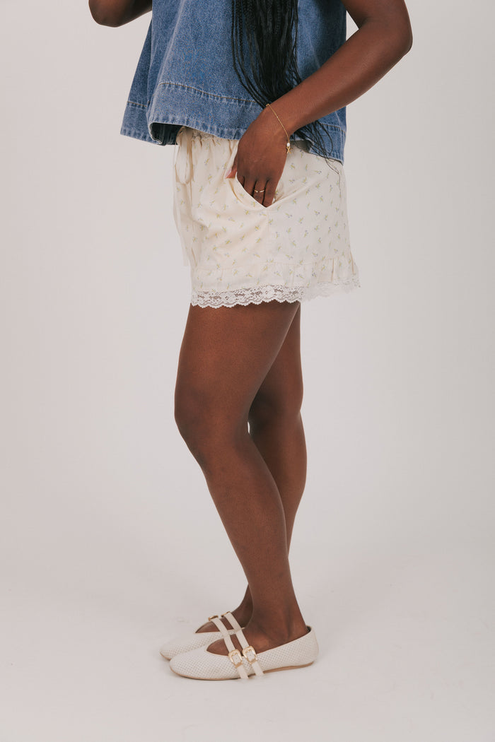 cream floral shorts with lace trim side