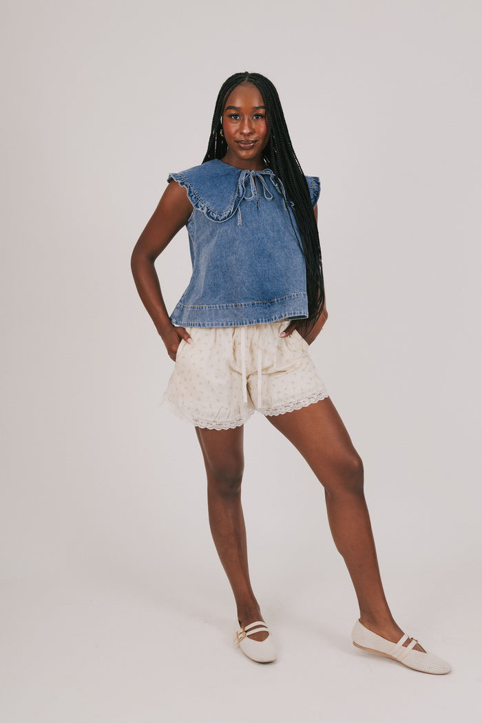 cream floral shorts with lace trim full