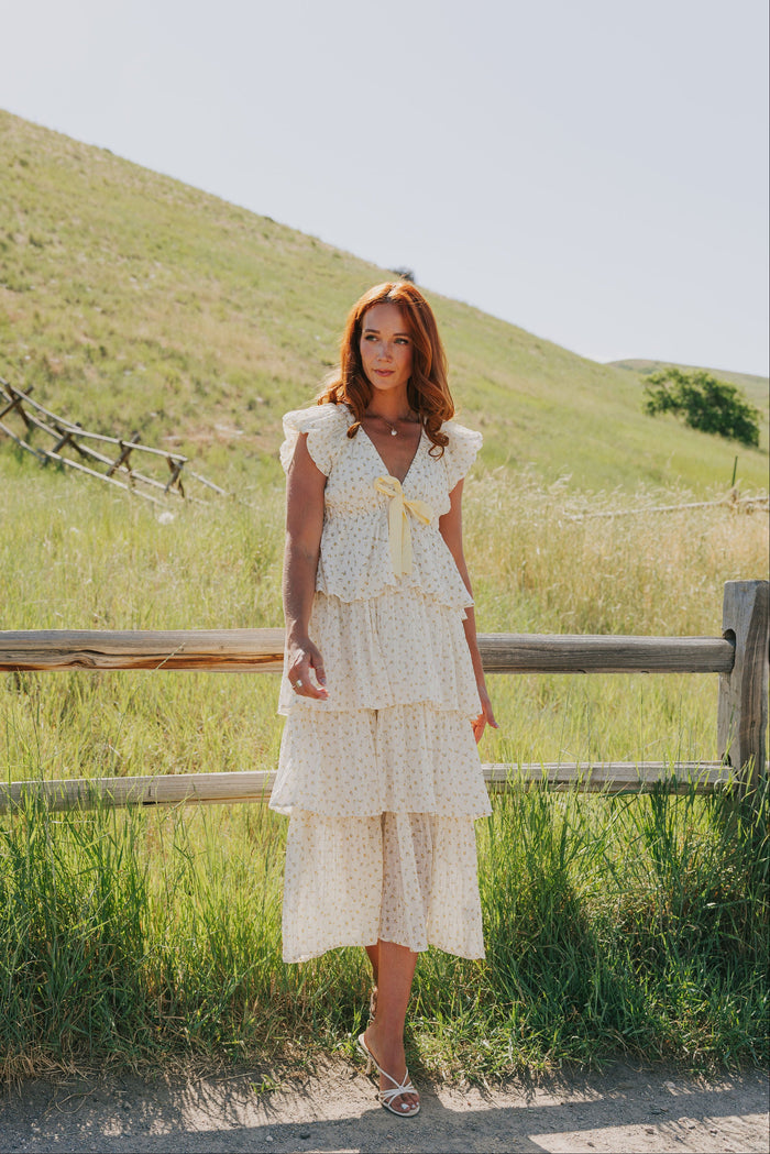 floral tiered v neck dress lifestyle