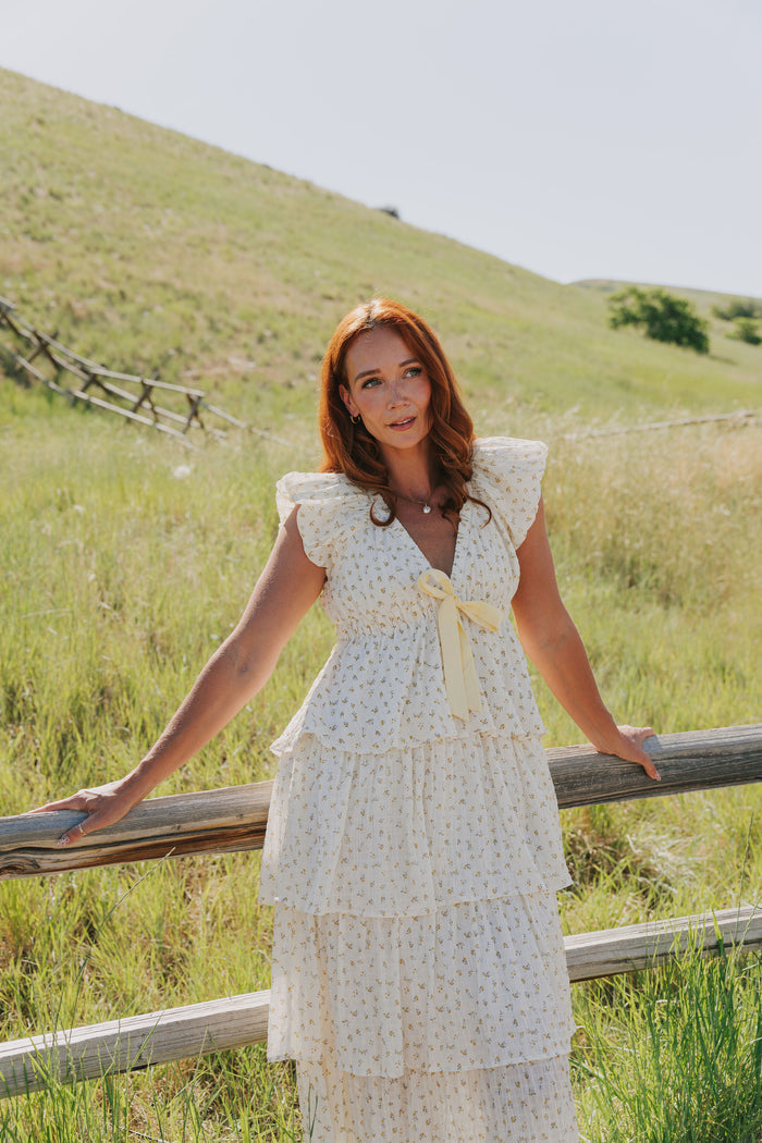 floral tiered v neck dress lifestyle
