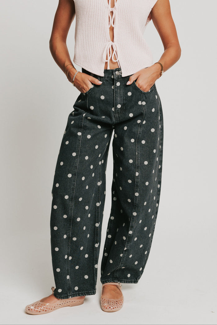 washed black polka dot barrel jeans