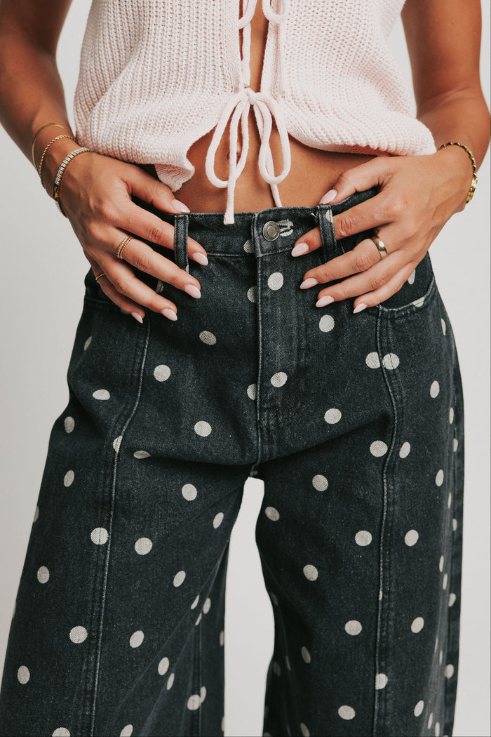 washed black polka dot barrel jeans waist