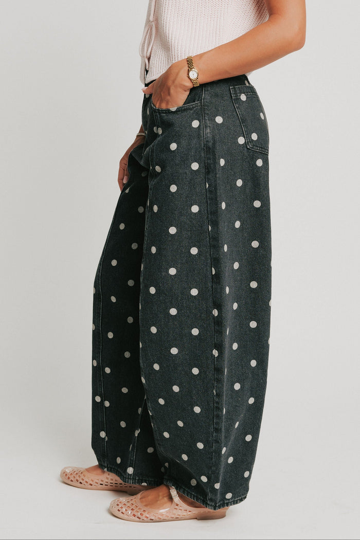 washed black polka dot barrel jeans side