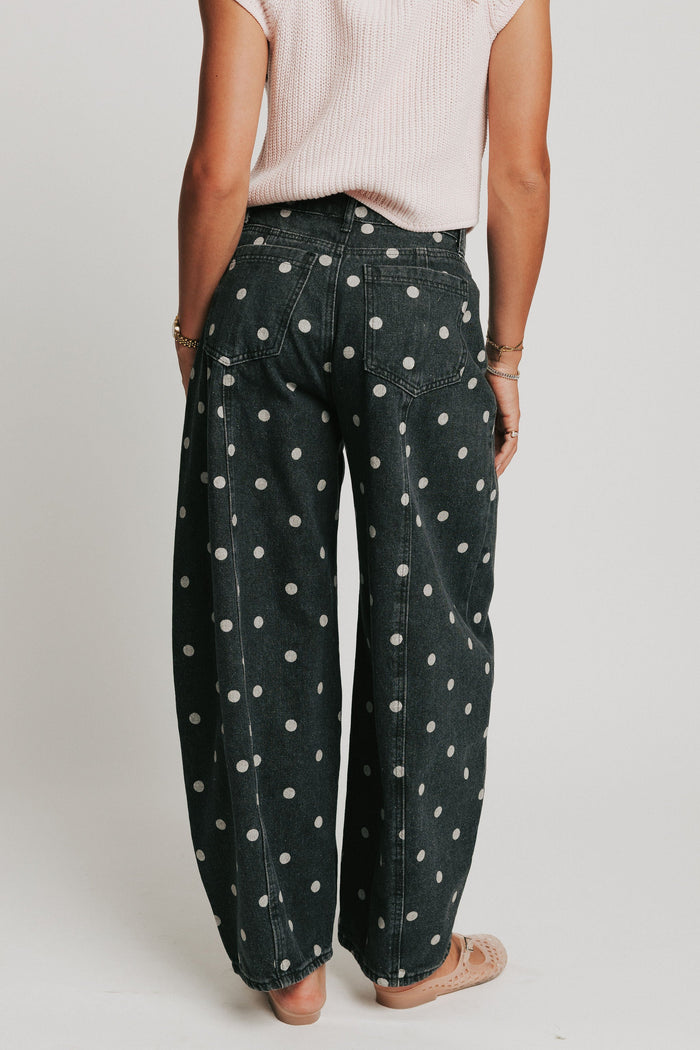 washed black polka dot barrel jeans back
