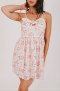 pink floral dress with keyhole and tie accent front