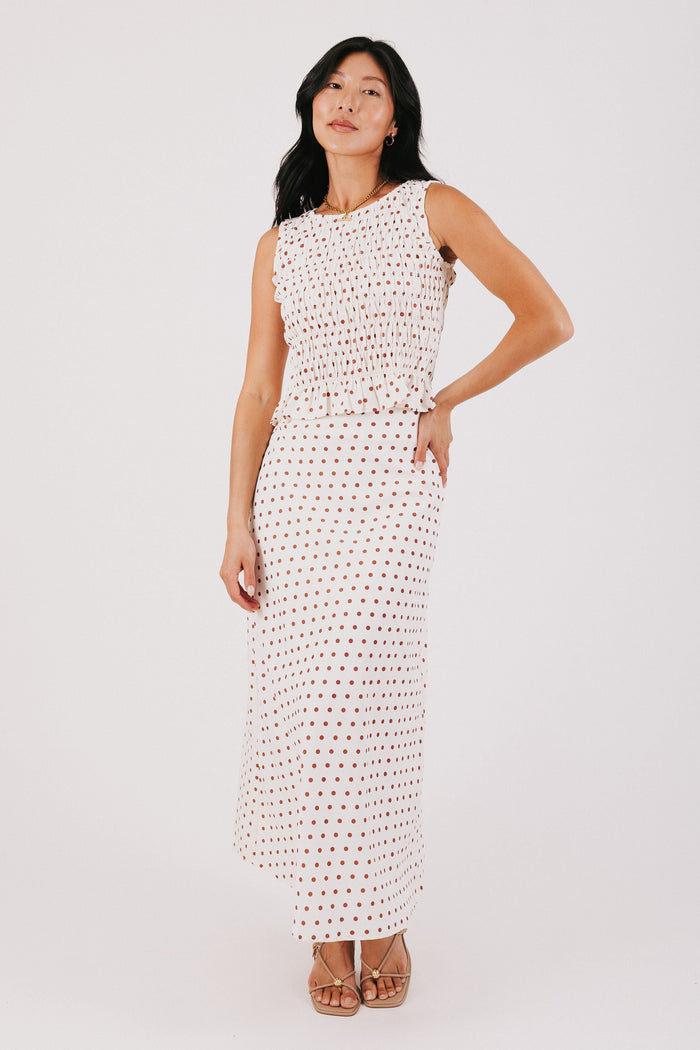 brown and cream polka dot maxi skirt