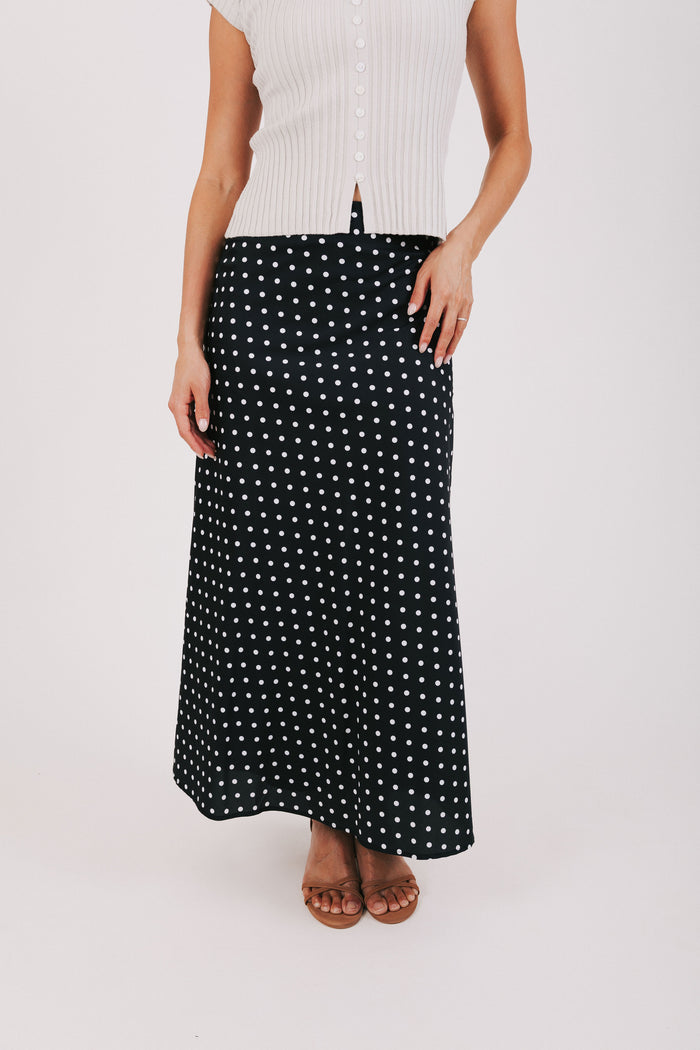 black and white polka dot maxi skirt