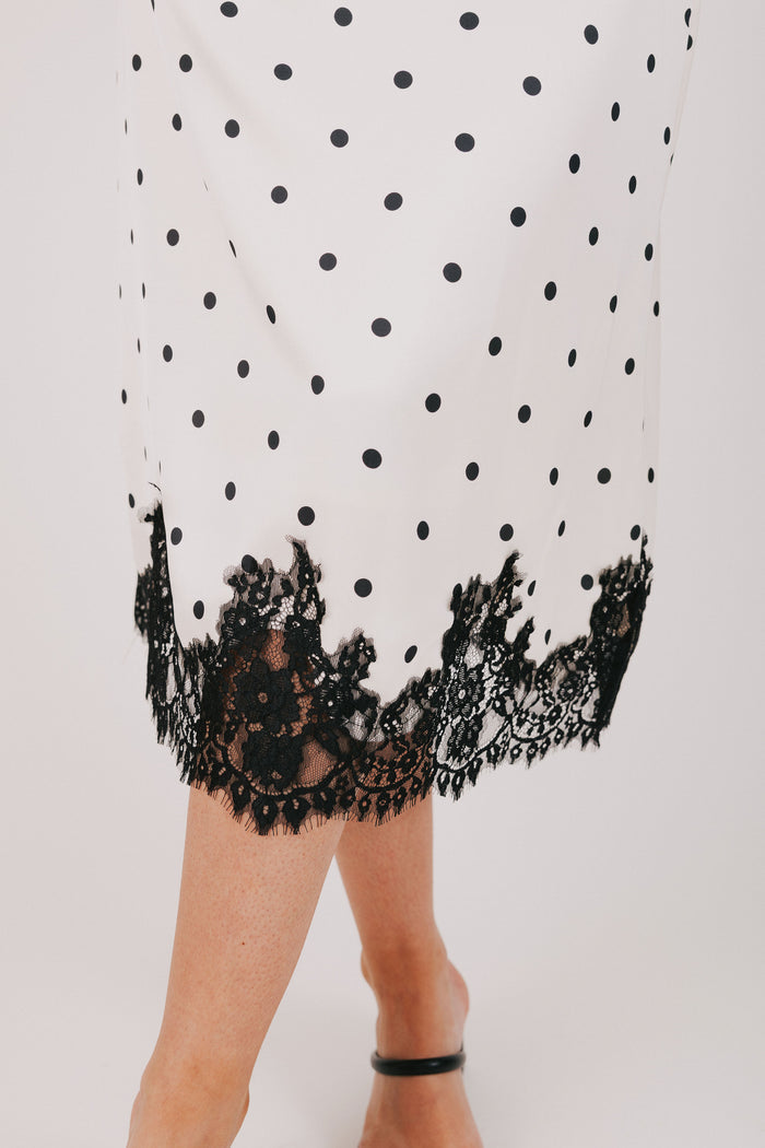 black and white polka dot satin skirt with lace hem