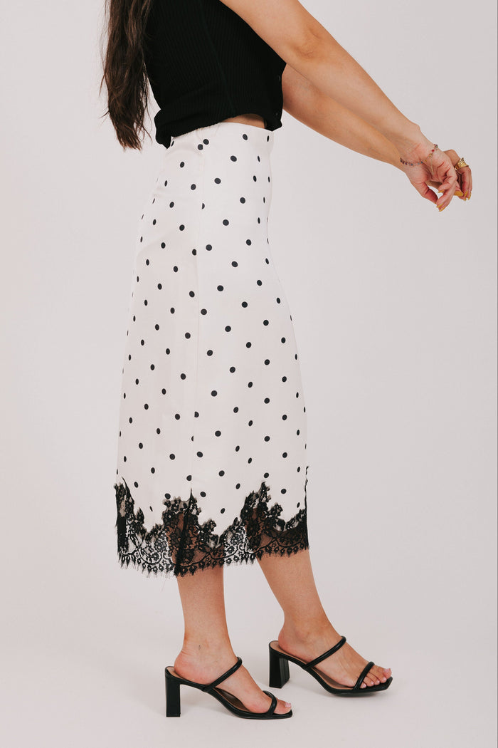 black and white polka dot satin skirt with lace hem