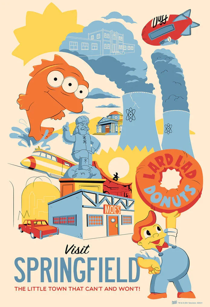 A colorful travel poster featuring The Simpsons characters and various Springfield-themed illustrations, with a title text 'Visit Springfield: The Little Town that Can't and Won't!'.