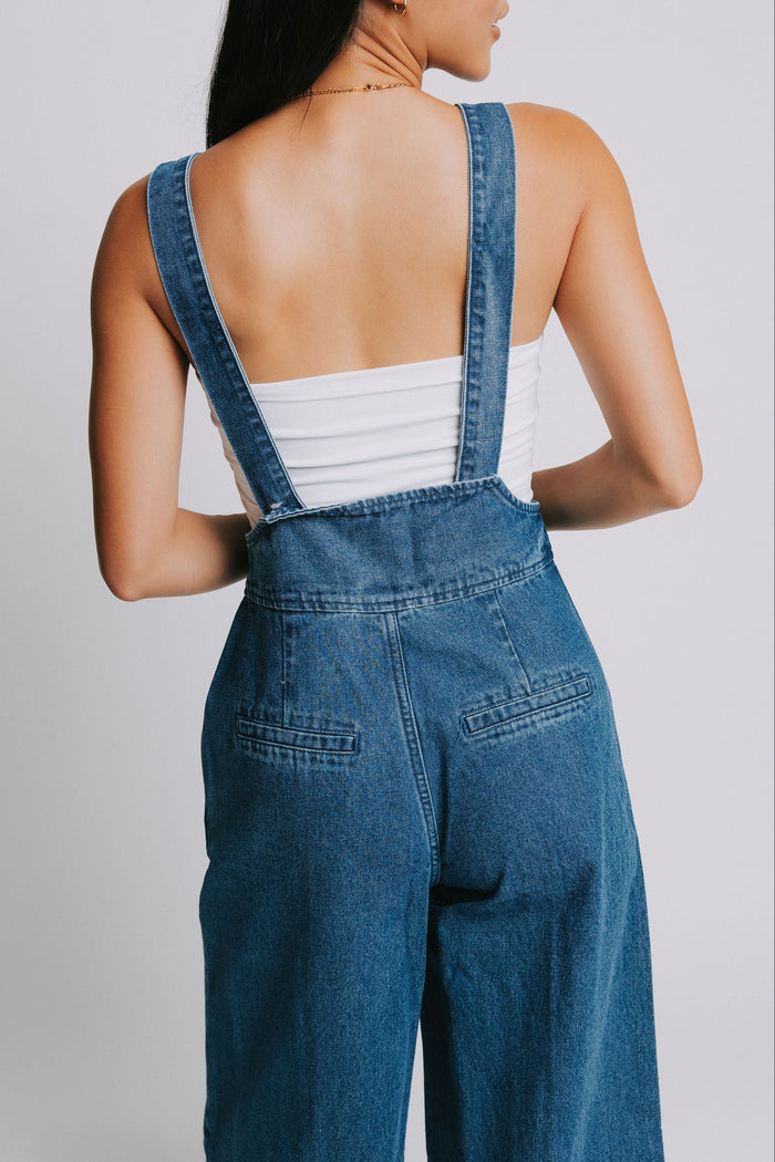 denim suspender jumpsuit with seamed detailing back close