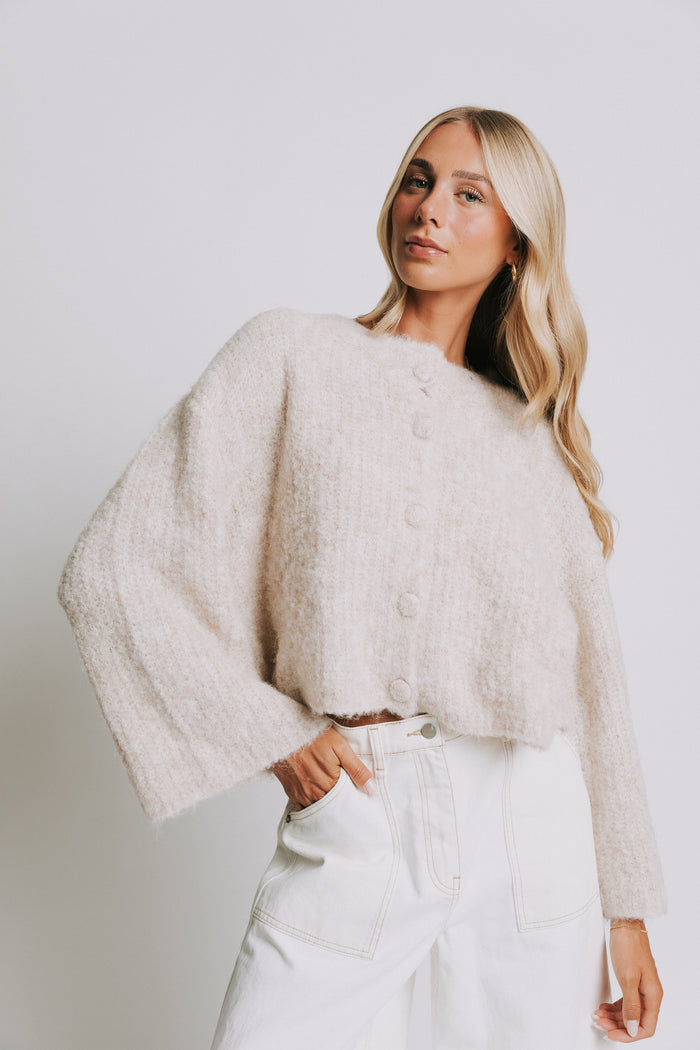 fluffy knit oatmeal cardigan with wide sleeves