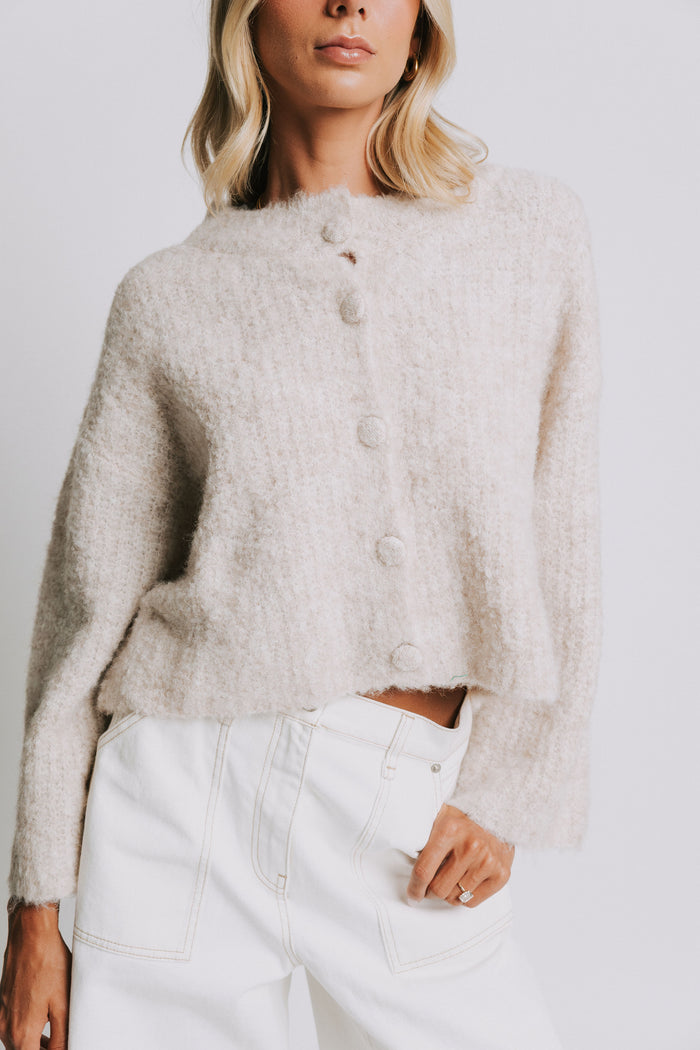 fluffy knit oatmeal cardigan with wide sleeves front