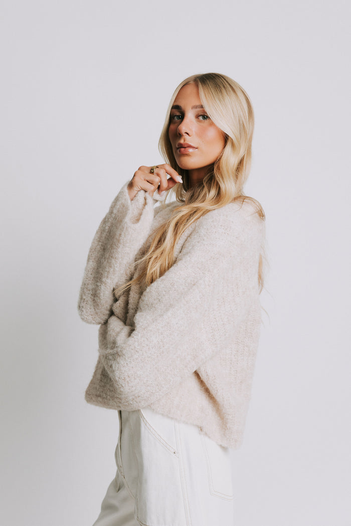 fluffy knit oatmeal cardigan with wide sleeves side