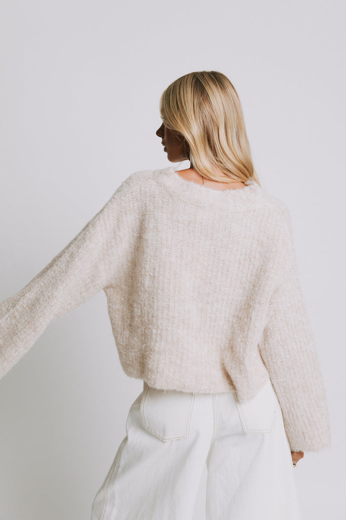 fluffy knit oatmeal cardigan with wide sleeves back