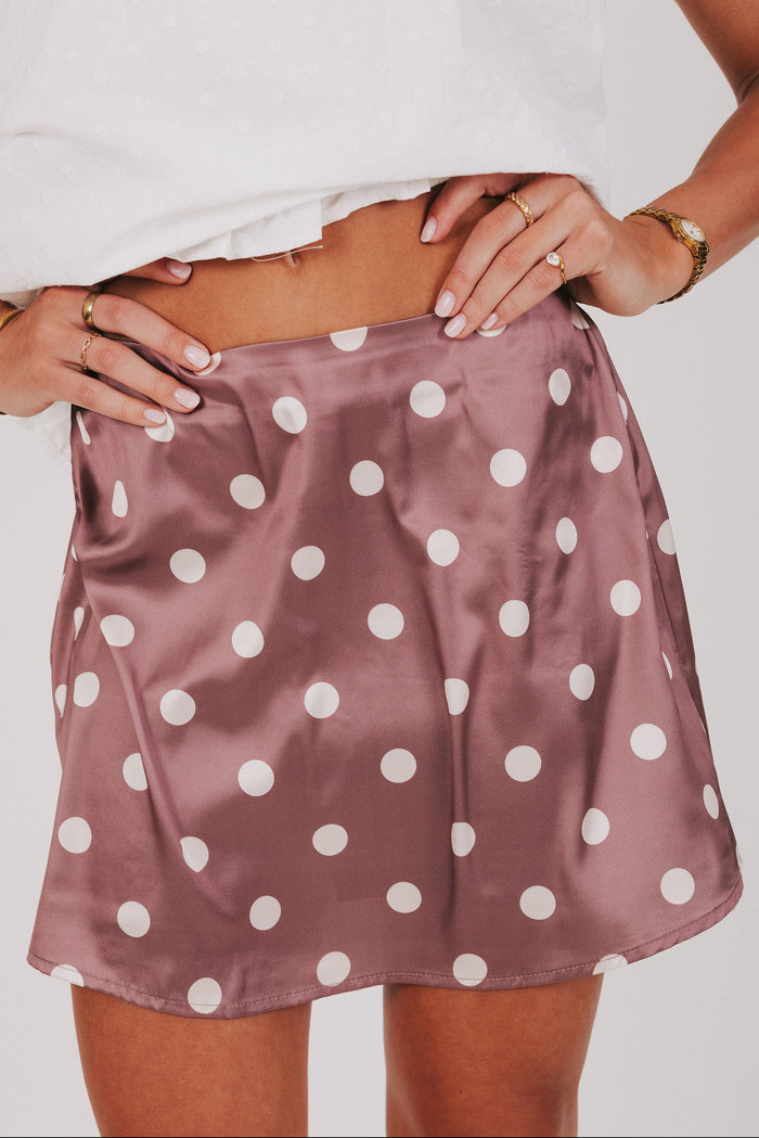 brown polka dot satin mini skirt front