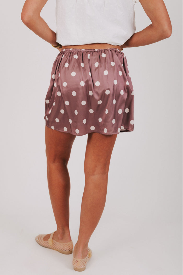brown polka dot satin mini skirt back