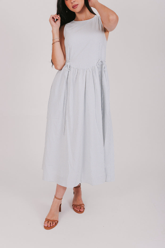 off white and blue plaid maxi dress