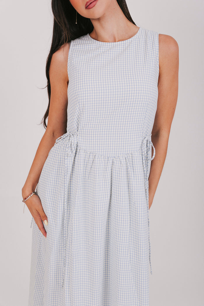 off white and blue plaid maxi dress