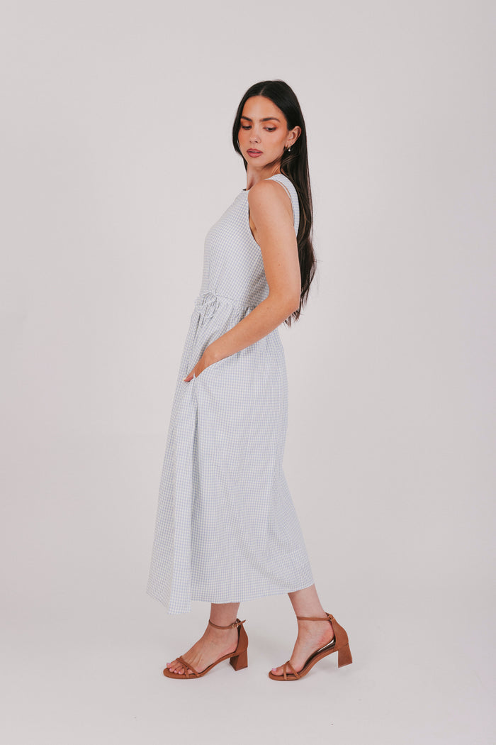 off white and blue plaid maxi dress