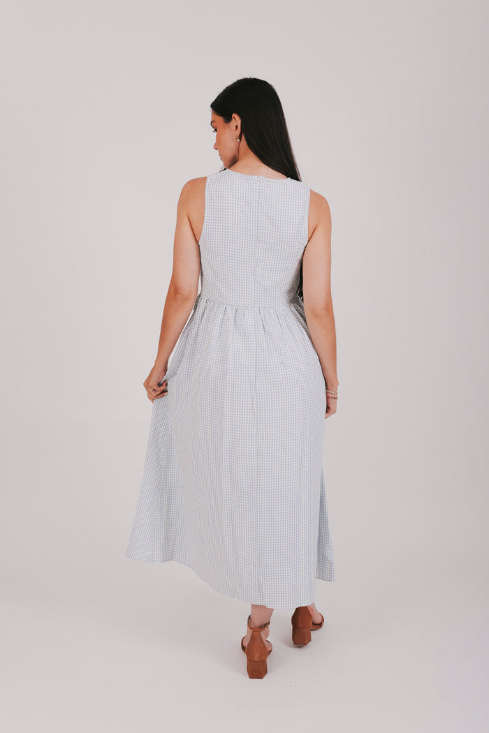 off white and blue plaid maxi dress