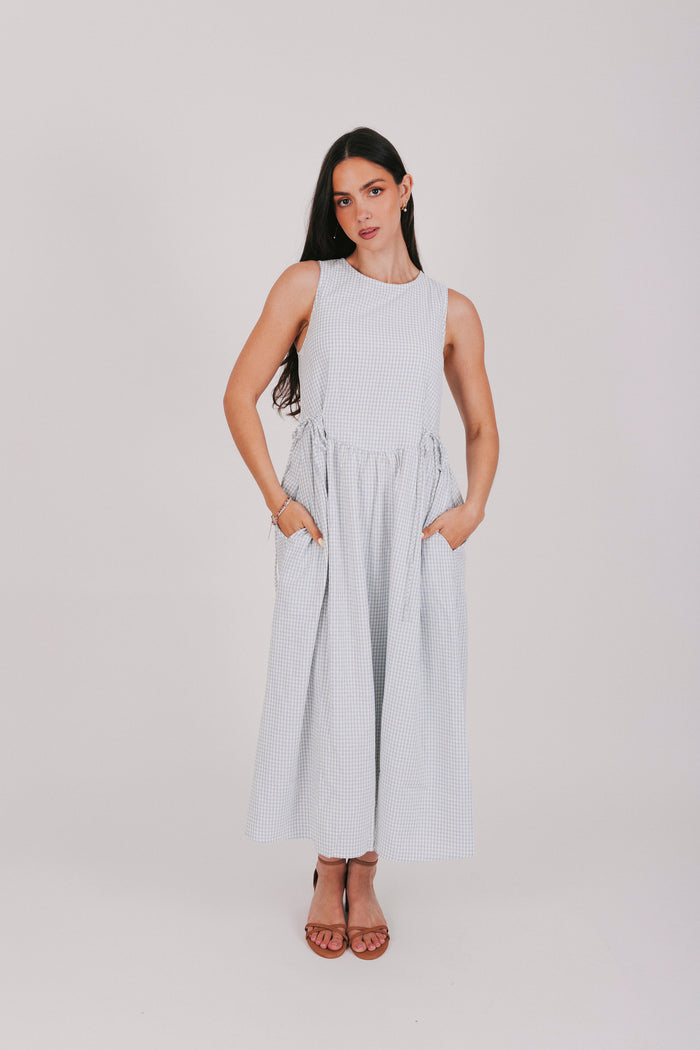 off white and blue plaid maxi dress