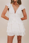 ivory flutter sleeve tiered ruffle mini dress detail