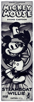 Vintage poster for 'Steamboat Willie' featuring Mickey Mouse, with text indicating it's a Disney cartoon from 1928.