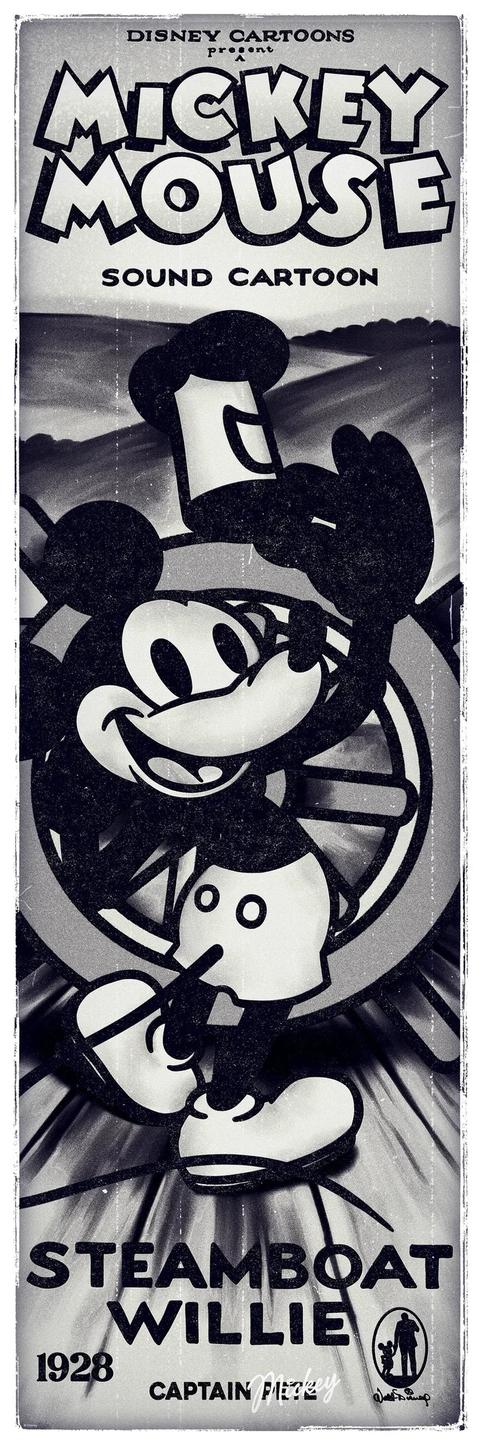 Vintage poster for 'Steamboat Willie' featuring Mickey Mouse, with text indicating it's a Disney cartoon from 1928.
