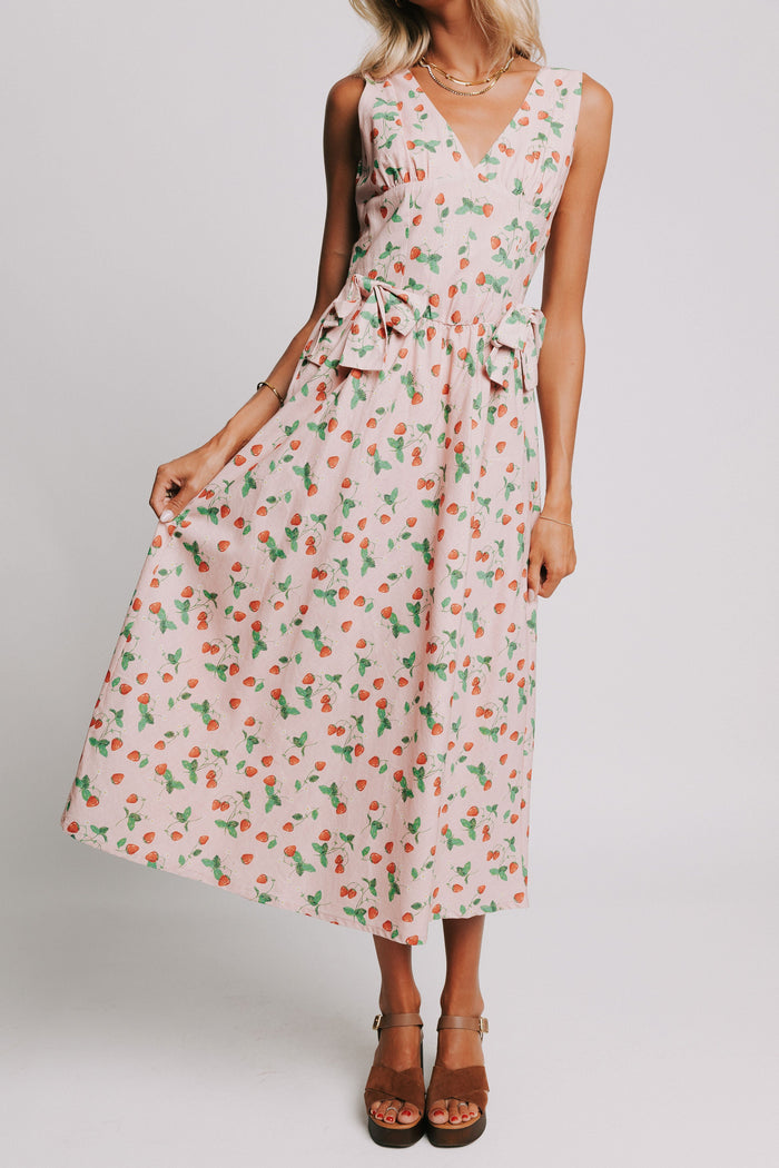 pink v neck maxi dress with strawberry print and bow details full