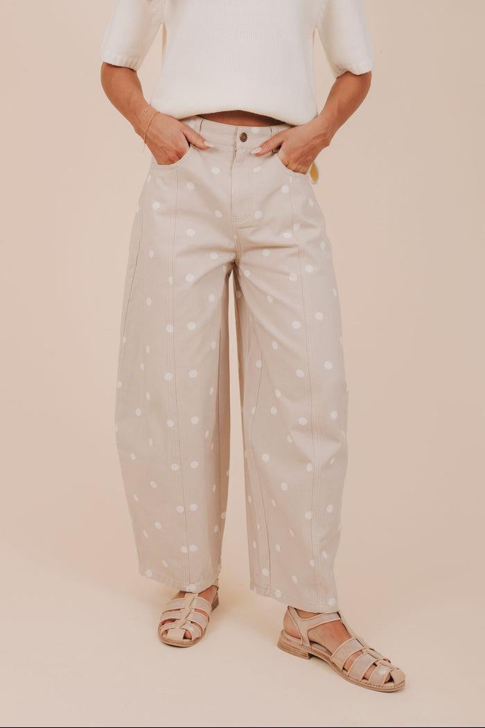 wide leg tan polka dot pants front