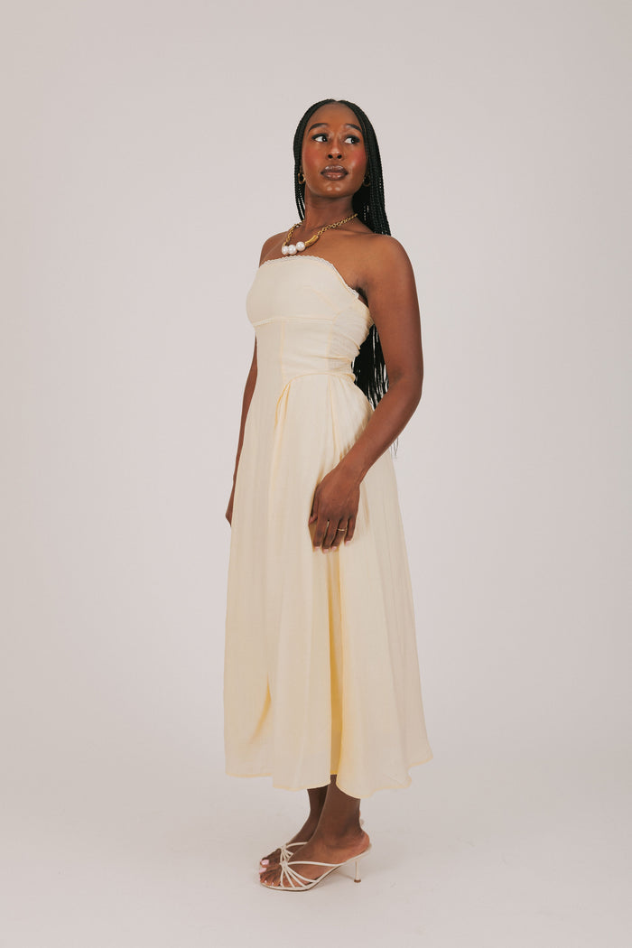 yellow strapless dress side