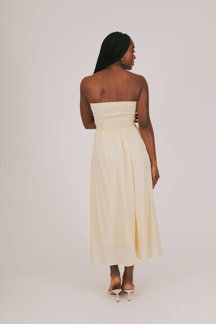 yellow strapless dress back