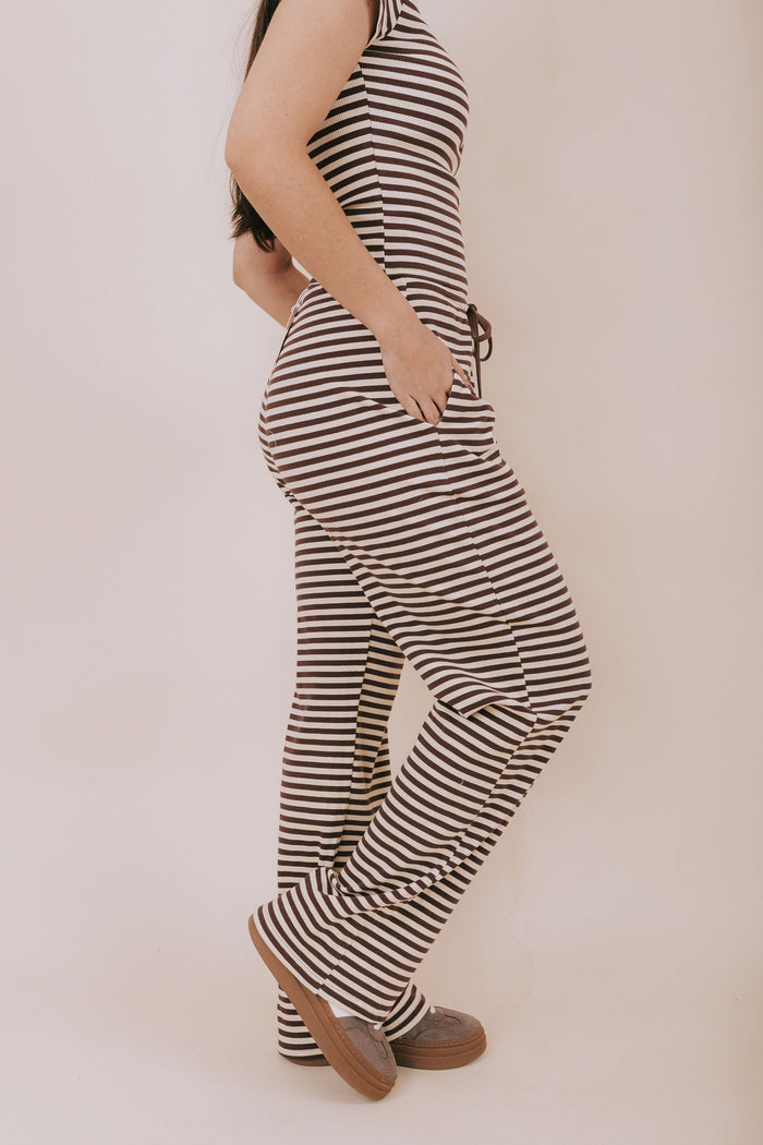 Striped wide leg lounge pants with an elastic waistband and tied bow