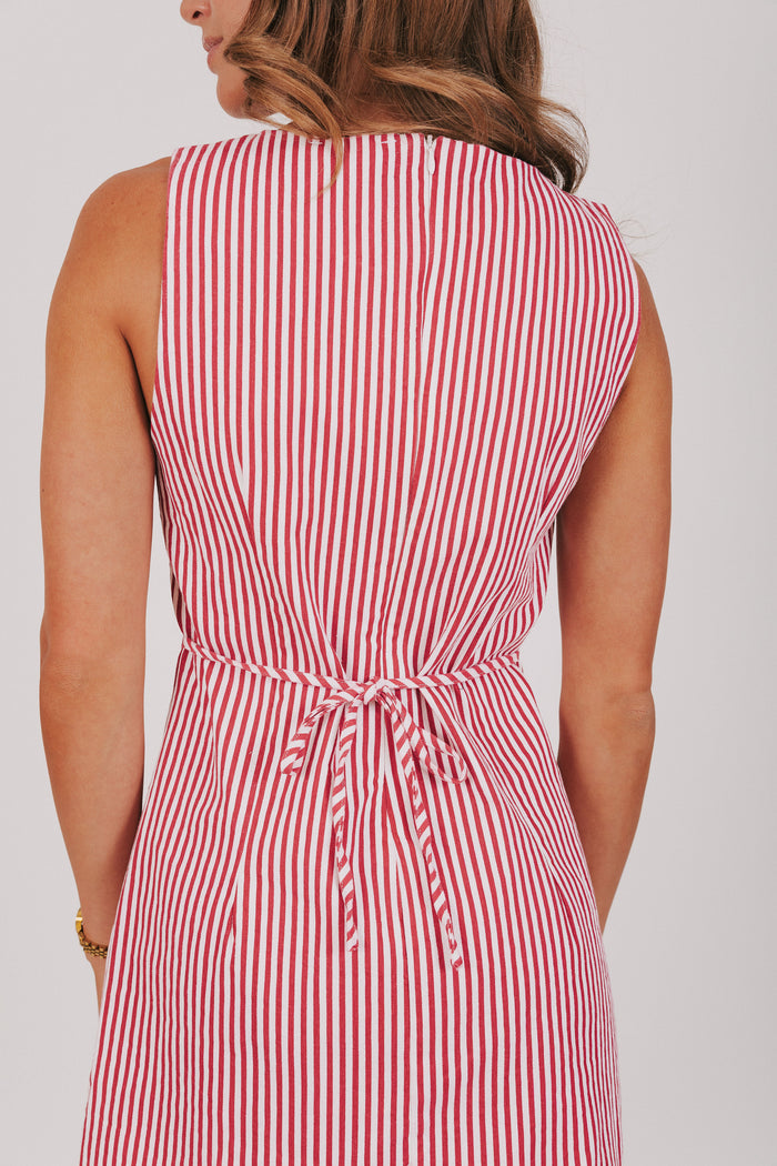 red and white striped mini dress back close up