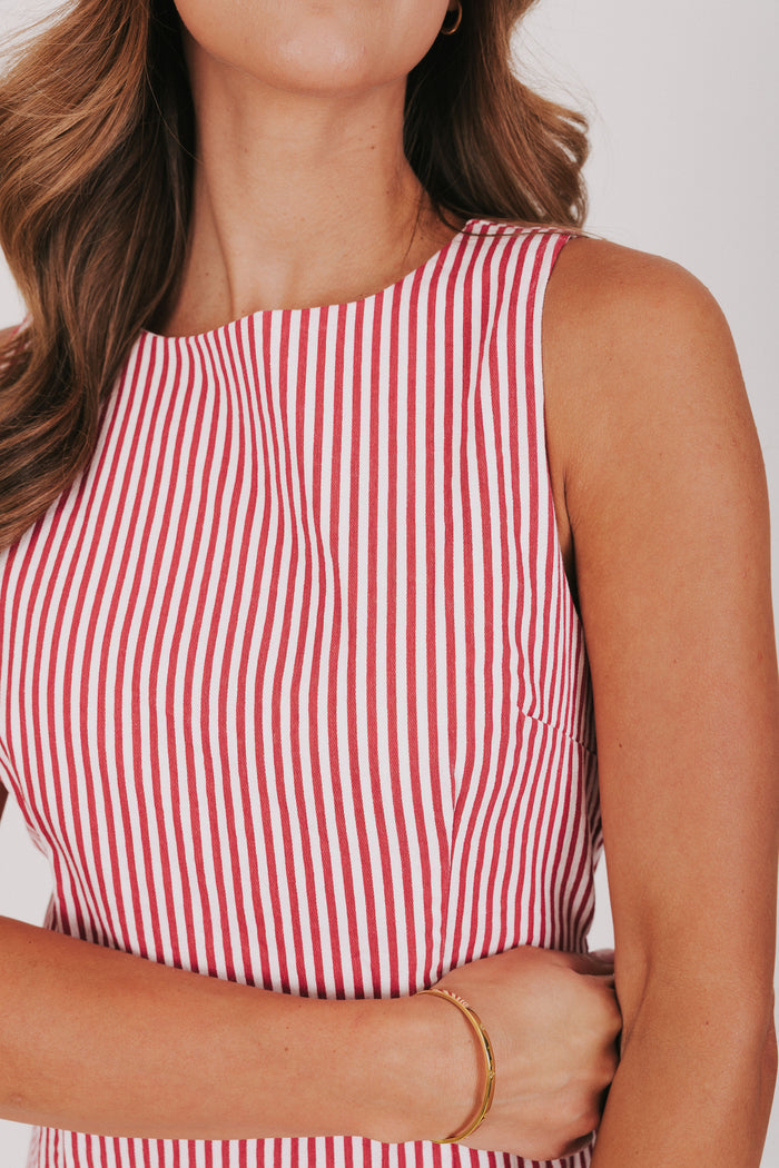 red and white striped mini dress detail