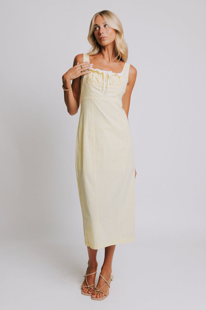 yellow square neck midi dress with ruched bodice