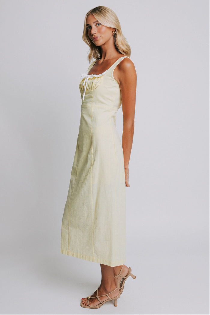 yellow square neck midi dress with ruched bodice side