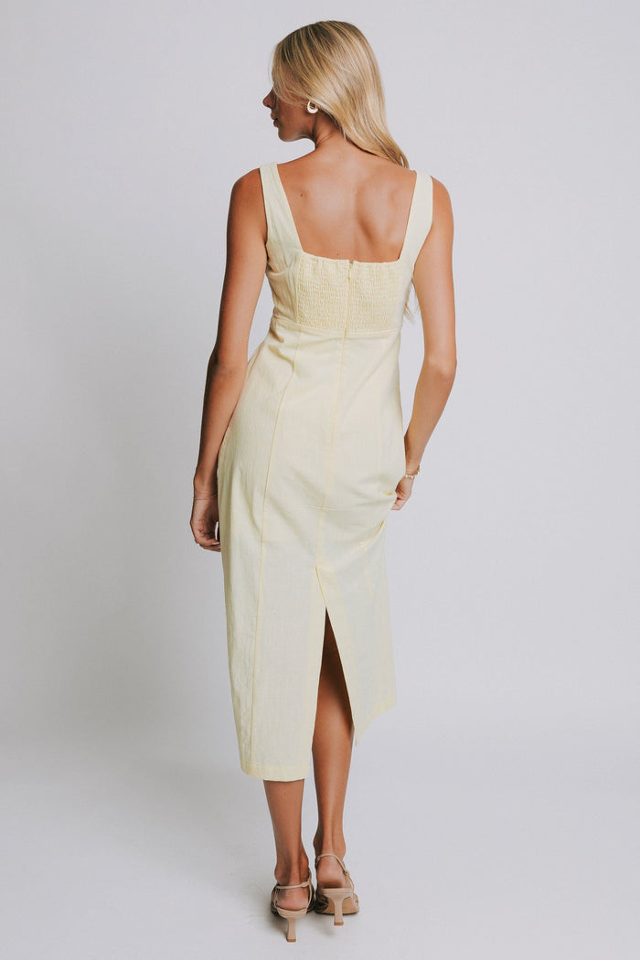 yellow square neck midi dress with ruched bodice back