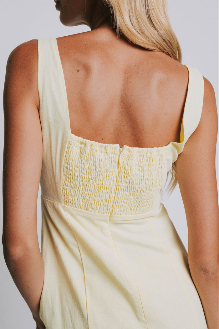 yellow square neck midi dress with ruched bodice back close