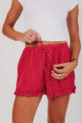 red and white polka shorts with ruffle hem close