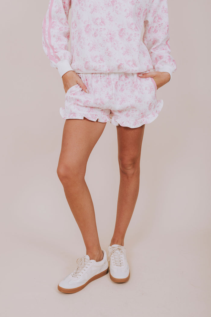 pink floral and white ruffle shorts front