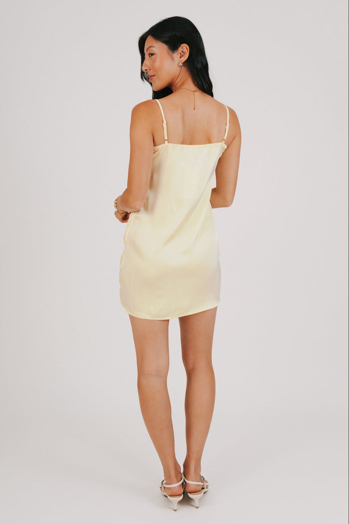 yellow slip dress with lace trim back